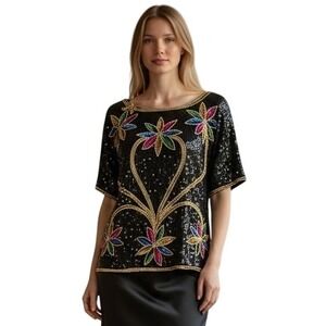 Vintage Night Vogue Women's Blouse Black Sequin Beaded Floral Short Sleeve Top M